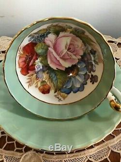 Aynsley sage green gold, signed JA Bailey rose tea cup&saucer set