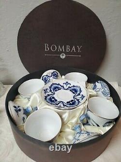 BOMBAY BLUE WHITE & GOLD PORCELAIN COVERED TEA CUPS SOUP BOWL SET of 4 ORIG BOX