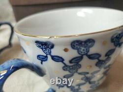 BOMBAY BLUE WHITE & GOLD PORCELAIN COVERED TEA CUPS SOUP BOWL SET of 4 ORIG BOX