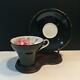 Beautiful Black Aynsley Tea Cup & Saucer Set With Pink Cabbage Rose Cs48