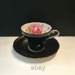 Beautiful Black Aynsley Tea Cup & Saucer Set With Pink Cabbage Rose Cs48