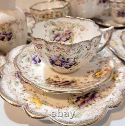 Beautiful Edwardian melba china daisy shaped tea set purple flowers 21 piece