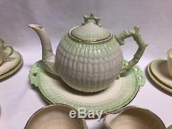 Belleek Tridacna Limpet Green Gold 22 Piece Tea Set Teapot Cup Saucers