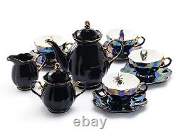 Black Gold Teapot Sugar Creamer 4 Assorted Black Gold Luster Tea Cup Saucer Set
