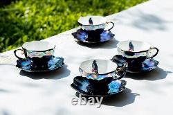 Black Gold Teapot Sugar Creamer 4 Crow Black Gold Luster Tea Cup and Saucer Set