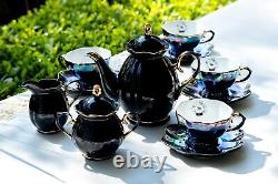 Black Gold Teapot Sugar Creamer 4 Crystal Black Gold Luster Tea Cup & Saucer Set