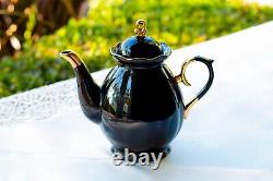 Black Gold Teapot Sugar Creamer 4 Crystal Black Gold Luster Tea Cup & Saucer Set