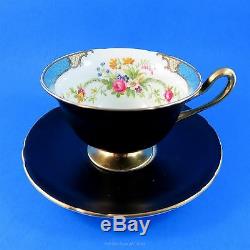 Black Shelley with Floral Bouquet and Blue Edge Tea Cup and Saucer Set