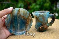 Blue Onyx Crystal Tea Cup Set Hand Carved Ornamental Gemstone Cup & Saucer RARE