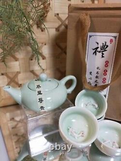Boutique Noriyuki Celadon Tea Set 4cup 3D Goldfish Design Ceramic Gift Boxed