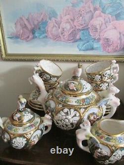 Capodimonte Bernini Italy Tea Set Pot 6 Cup & Saucer Creamer Sugar Bowl Cherubs