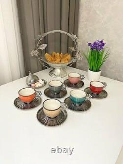 Ceramic Coffee Set 6 Cups Metal Saucers Goblets Glasses Kitchen Colored Silver
