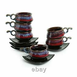 Ceramic Crimson Hand Glazed Coffee Mugs Tea Cups Set of 6 with Saucer (150 ML)
