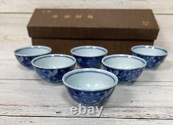 Ceramic Tea Cup Set of 6 Colbalt Blue White Flowers Jianzhan Kiln Free Shipping