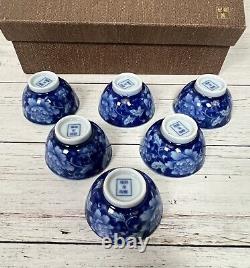 Ceramic Tea Cup Set of 6 Colbalt Blue White Flowers Jianzhan Kiln Free Shipping