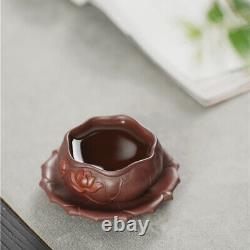 Chinese Traditional Handmade Zisha Tea Cup with Saucer Lotus Carved Tea Set Gift