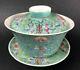 Chinese Turquoise Ground Famille Rose Porcelain Teacup Set 3 pcs