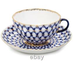 Classic Cobalt Net Teacup and Saucer by Imperial Porcelain Lomonosov LFZ IFZ