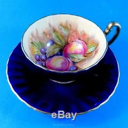 Cobalt Blue D. Jones Fruit Painted Aynsley Tea Cup and Saucer Set