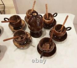 Coconut Shell Tea Cup Full Set, Including Saucers, Sugar Pot and Spoon