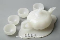 Collect Chinese White Jade Hand Carved Teakettle Teapot Teacup/4pcs Tea Tray Set
