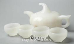 Collect Chinese White Jade Hand Carved Teakettle Teapot Teacup/4pcs Tea Tray Set