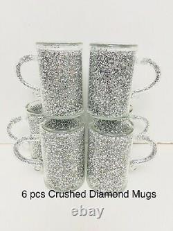 Crushed Diamond Crystal Filled Mugs Set Of 6 Silver Kitchen Tea Coffee Cups