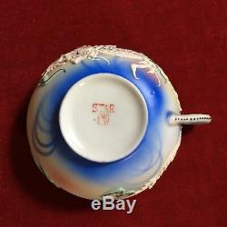 DRAGON JAPANESE Kutani Vintage Porcelain STAR Blue Tea Cups And Plates Set Of 6