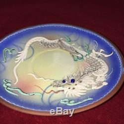 DRAGON JAPANESE Kutani Vintage Porcelain STAR Blue Tea Cups And Plates Set Of 6