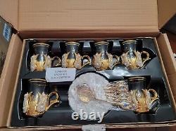 Decorated Turkish Tea Glasses Set with Saucers Holders Spoons Crystals and Pearl