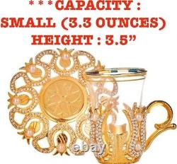 Decorated Turkish Tea Glasses Set with Saucers Holders Spoons Crystals and Pearl
