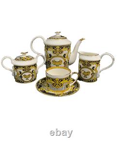 Elegant Greek Amphora Design Black/Grey/Gold Tea Set in Bone China for 6 Person