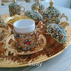 Empire Turkish Handmade Gold Stone Set For 6 Arabic Cups Tray Tea Plates Ottoman