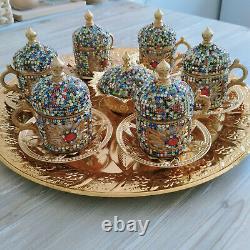 Empire Turkish Handmade Gold Stone Set For 6 Arabic Cups Tray Tea Plates Ottoman