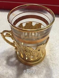 Estate Persian Turkish Tea Cup Set Glasses WithSpoons & Sugar Bowl Ottoman Gold