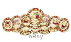 Euro Porcelain 24pc Roses Tea Cup Set Antique Red, 24K Gold Vintage Dining for 6