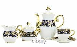 Euro Porcelain 29-pc Dark Cobalt Blue Tea Cup Coffee Set 24K Gold Service for 12