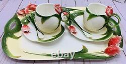 European Style 7 Pcs Tea Cup Set 3D Red Tulip Flower Floral Design WithTray RARE