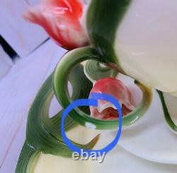 European Style 7 Pcs Tea Cup Set 3D Red Tulip Flower Floral Design WithTray RARE