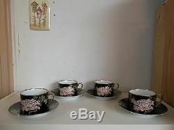 FITZ & FLOYD Cloisonne Peony Black Set of 7 Flat Tea Cups & Saucers Set 1984-96