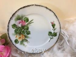 Fine porcelain teacup set with Roses, 1950's Beyer & Bock trio with rose pattern