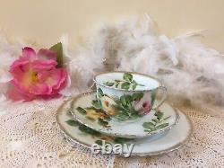 Fine porcelain teacup set with Roses, 1950's Beyer & Bock trio with rose pattern