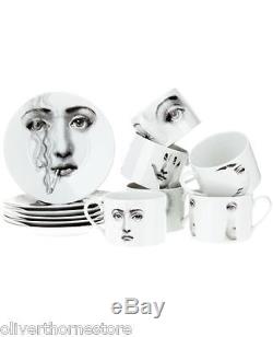 Fornasetti Italy Julia Black & White Tea 12 Piece Set / Tea Cups & Saucers NEW