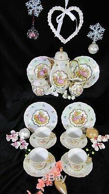 French Fragonard Coffee Tea Set Porcelain Cup Saucer Teapot Gold Vintage Plates
