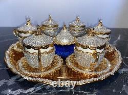 Gold Plated Turkish Tea Set With Inner Blue Fabric