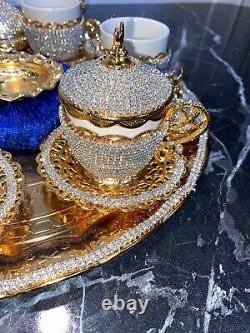 Gold Plated Turkish Tea Set With Inner Blue Fabric