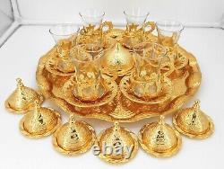 Gold color Set of 6 tea cups with metal saucer, tray and lid