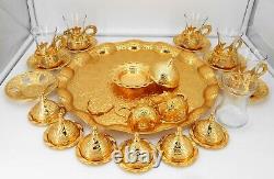 Gold color Set of 6 tea cups with metal saucer, tray and lid