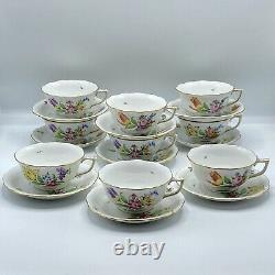 Gorgeous Herend Printemps Tea Cup & Saucers Set of 9, Hand Painted Bone China
