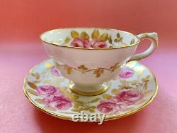 Grosvenor Jackson Gosling Swansea Cabbage Rose Pink Gold Teacup Set Duo Vintage